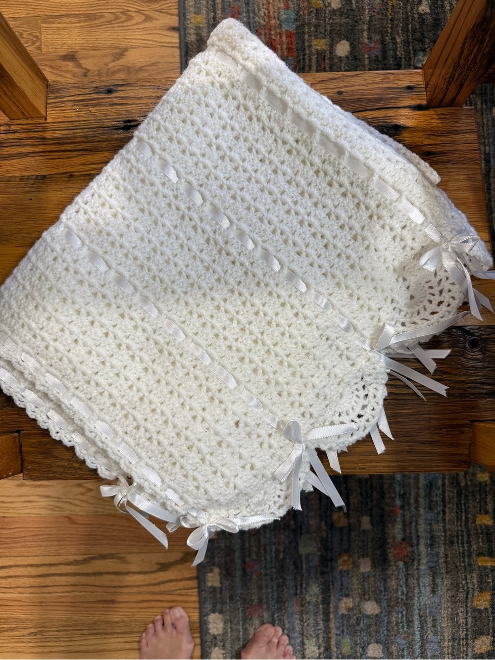 Vintage Hand Crochet White Baby Afghan Satin Ribbons Bows 46x33